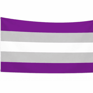 Greysexual Pride vlag met paarse, grijze en witte banen en ophangringen links