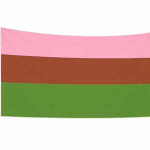Gynesexual Pride vlag met roze, bruine en groene banen en ophangringen links