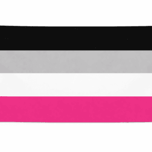 Gynophilia Pride vlag met vier gelijke banen in zwart, lichtgrijs, wit en felroze en ophangringen links