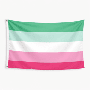 Abrosexual Pride vlag met groene witte en roze strepen en ophangringen