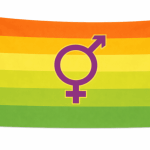 Hermaphrodite Pride vlag met horizontale banen in oranje en gele tinten met groen onderaan en een paars gecombineerd geslachtssymbool in het midden en ophangringen links