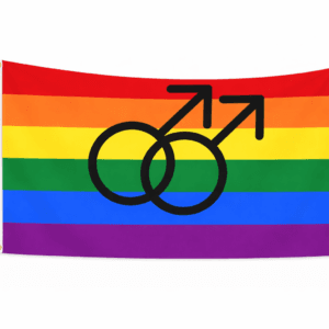 Regenboog Pride vlag met zes gekleurde banen en twee overlappende zwarte mannelijke symbolen in het midden en ophangringen links