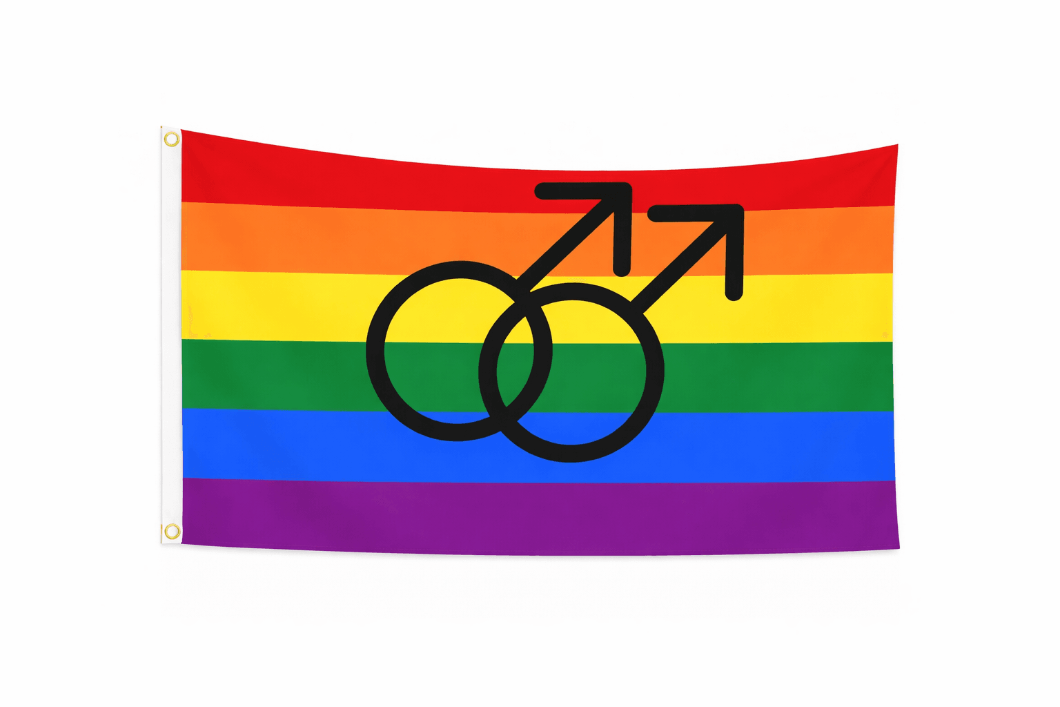 Regenboog Pride vlag met zes gekleurde banen en twee overlappende zwarte mannelijke symbolen in het midden en ophangringen links