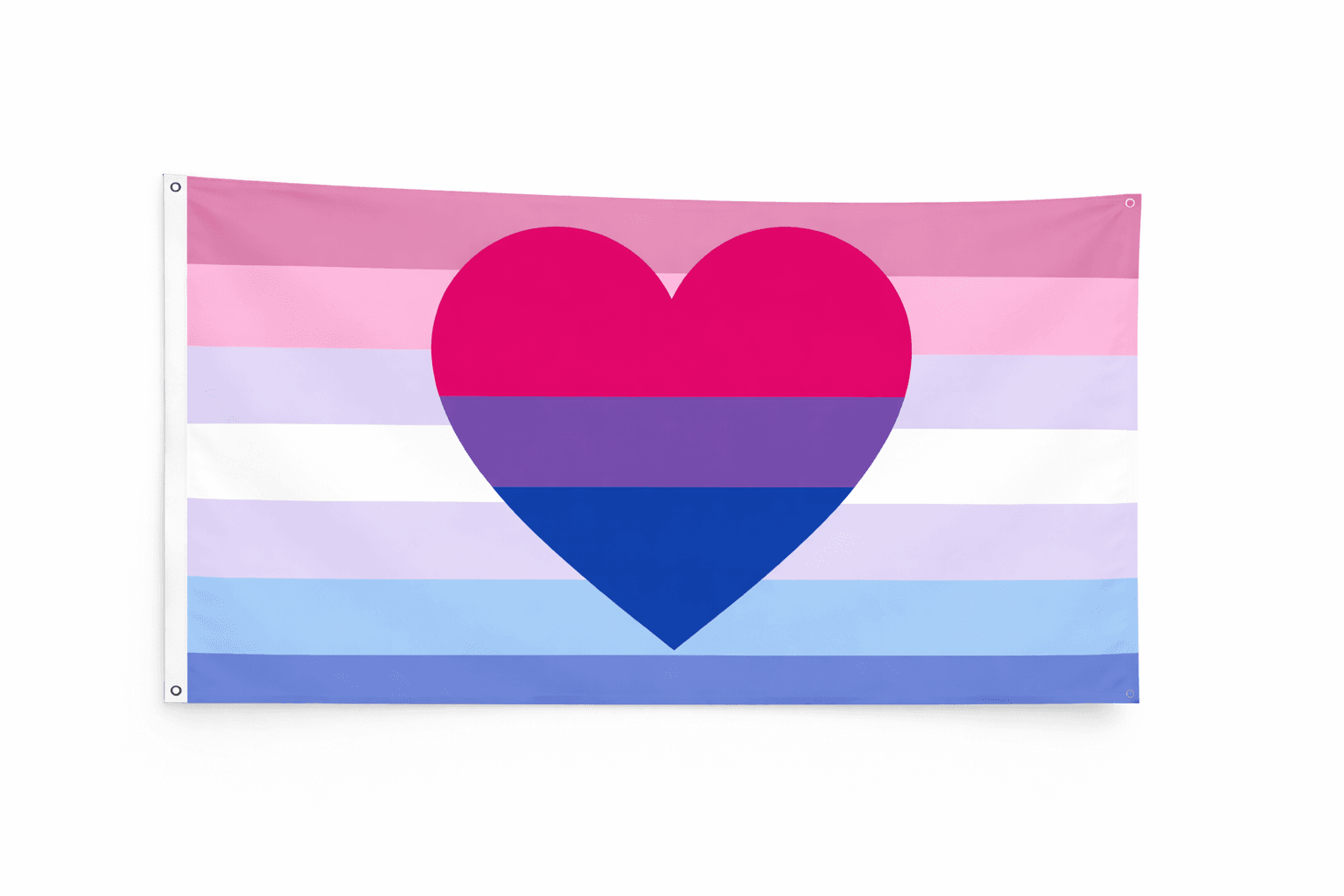 Bisexual Bigender Pride vlag met roze paarse witte en blauwe strepen en hart symbool en ophangringen links