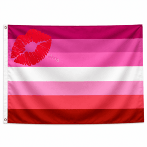 Lipstick Lesbian Pride vlag met horizontale banen in roze tinten en wit met een rode lipafdruk linksboven en ophangringen links