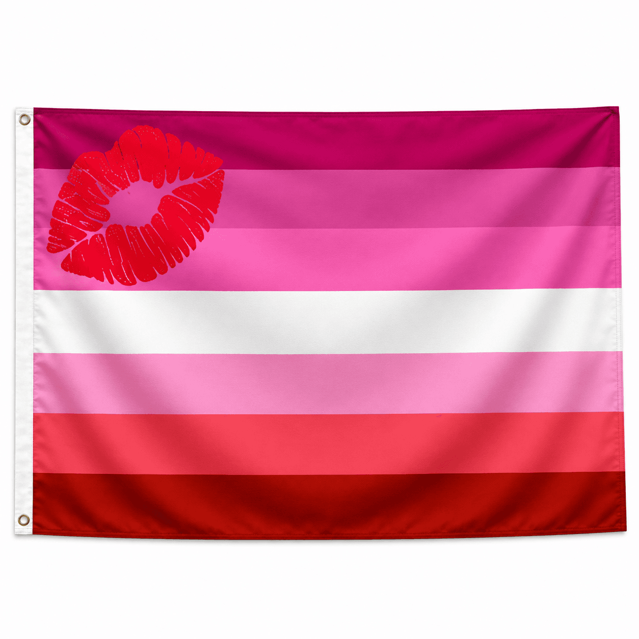 Lipstick Lesbian Pride vlag met horizontale banen in roze tinten en wit met een rode lipafdruk linksboven en ophangringen links