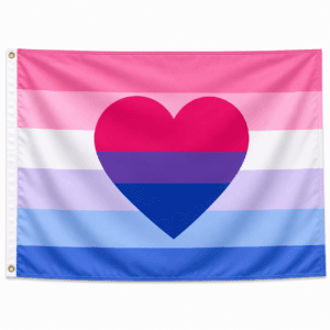 Biromantic Pride vlag met roze, paarse en blauwe banen en wit hart links en ophangringen links