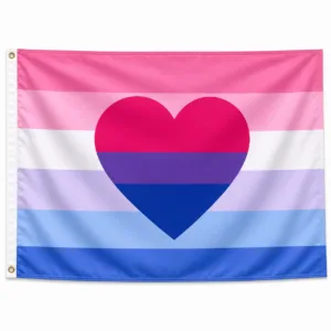 Biromantic Pride vlag met roze, paarse en blauwe banen en wit hart links en ophangringen links