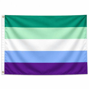 Vincian Gay Men Pride vlag met vijf banen in groen lichtgroen wit lichtblauw en donkerpaars