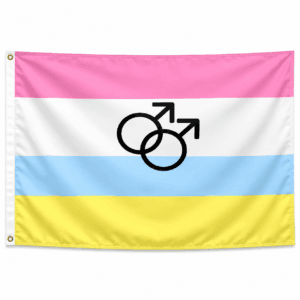 Twink Pride vlag met roze witte gele banen en centraal zwart symbool