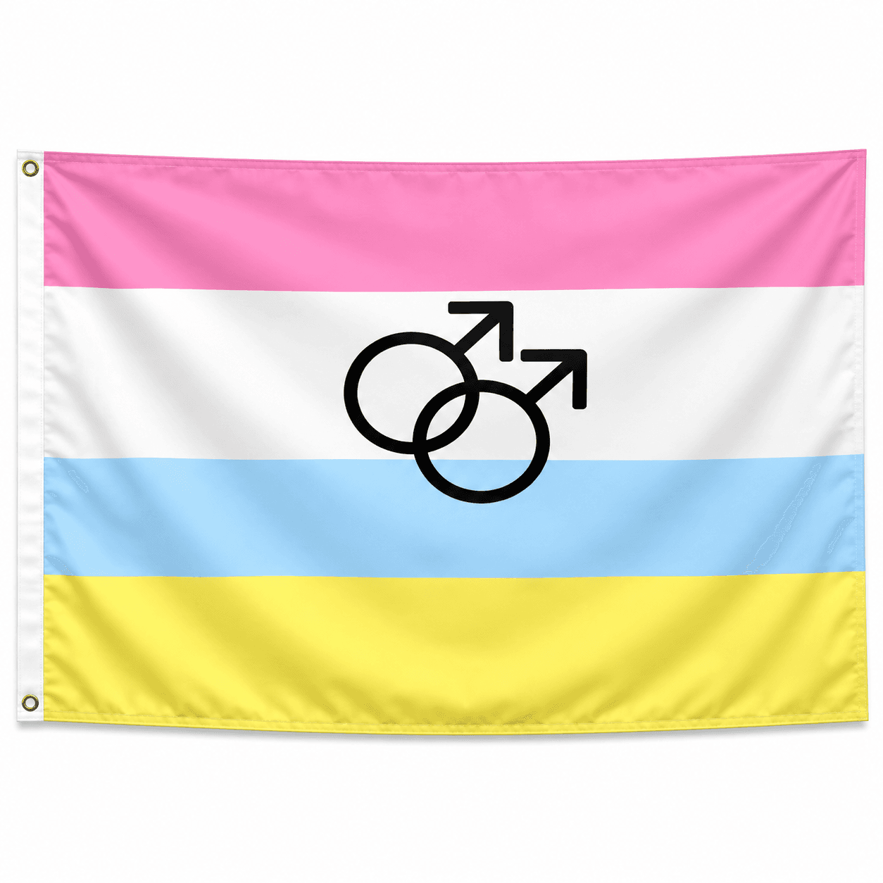 Twink Pride vlag met roze witte gele banen en centraal zwart symbool