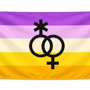 Trixic Pride vlag met paarse roze beige gele banen en centraal zwart symbool