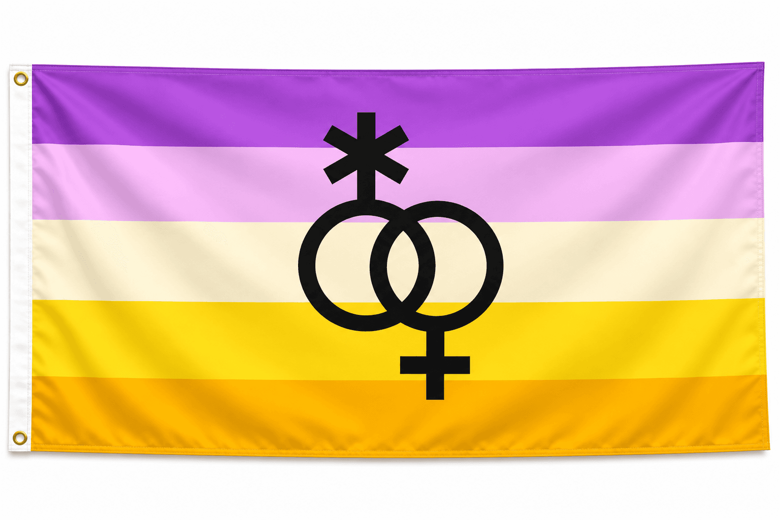 Trixic Pride vlag met paarse roze beige gele banen en centraal zwart symbool