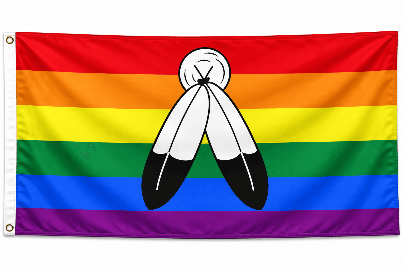 Two-Spirit Pride vlag met regenboogstrepen en traditioneel symbool in het midden en ophangringen links