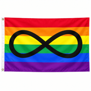 Regenboog Pride vlag met zes kleurbanen en zwart oneindigheidssymbool