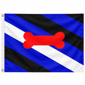 Puppy Pride vlag met diagonale zwarte blauwe en witte banen en rood bot
