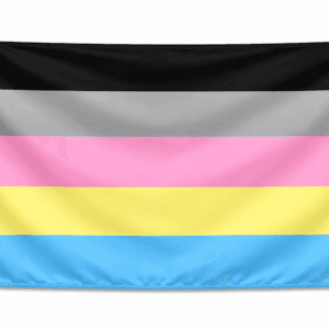 Polygender Pride vlag met zwarte grijze roze gele en lichtblauwe banen