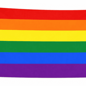 LGBT Pride vlag met zes horizontale banen in rood, oranje, geel, groen, blauw en paars en ophangringen links