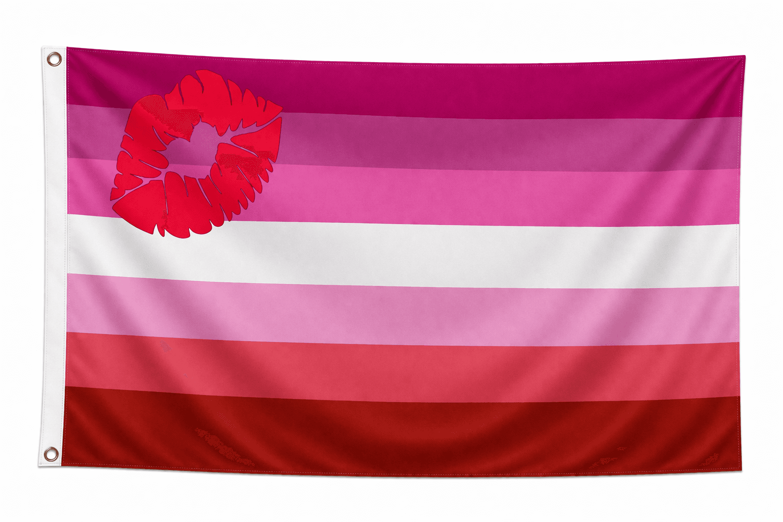 Lipstick Lesbian Pride vlag met horizontale banen in roze tinten en wit met een rode lipafdruk linksboven en ophangringen links