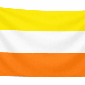 Maverique Pride vlag met drie horizontale banen in geel, wit en oranje en ophangringen links