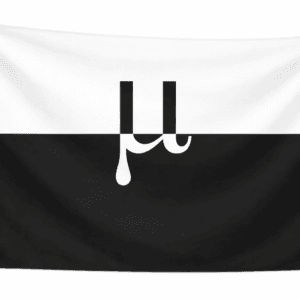 Monogamy Pride vlag met twee horizontale vlakken in wit en zwart en een centraal µ-symbool op de overgang en ophangringen links