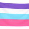 Multisexual Pride vlag met vijf horizontale banen in paars, wit, lichtblauw en roze en ophangringen links
