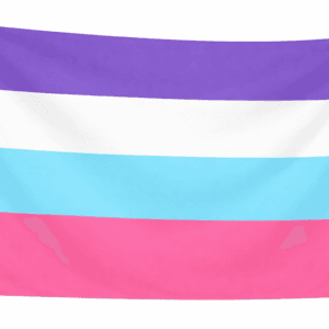 Multisexual Pride vlag met vijf horizontale banen in paars, wit, lichtblauw en roze en ophangringen links