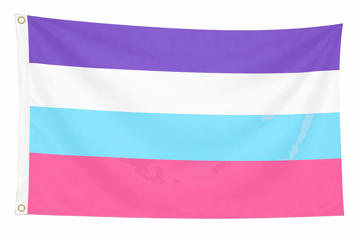 Multisexual Pride vlag met vijf horizontale banen in paars, wit, lichtblauw en roze en ophangringen links
