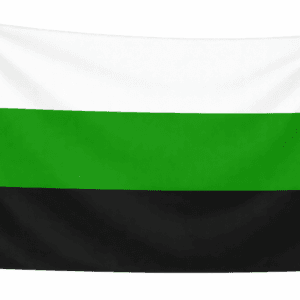 Neutrois Pride vlag met drie gelijke horizontale banen in wit, groen en zwart met ophangringen links