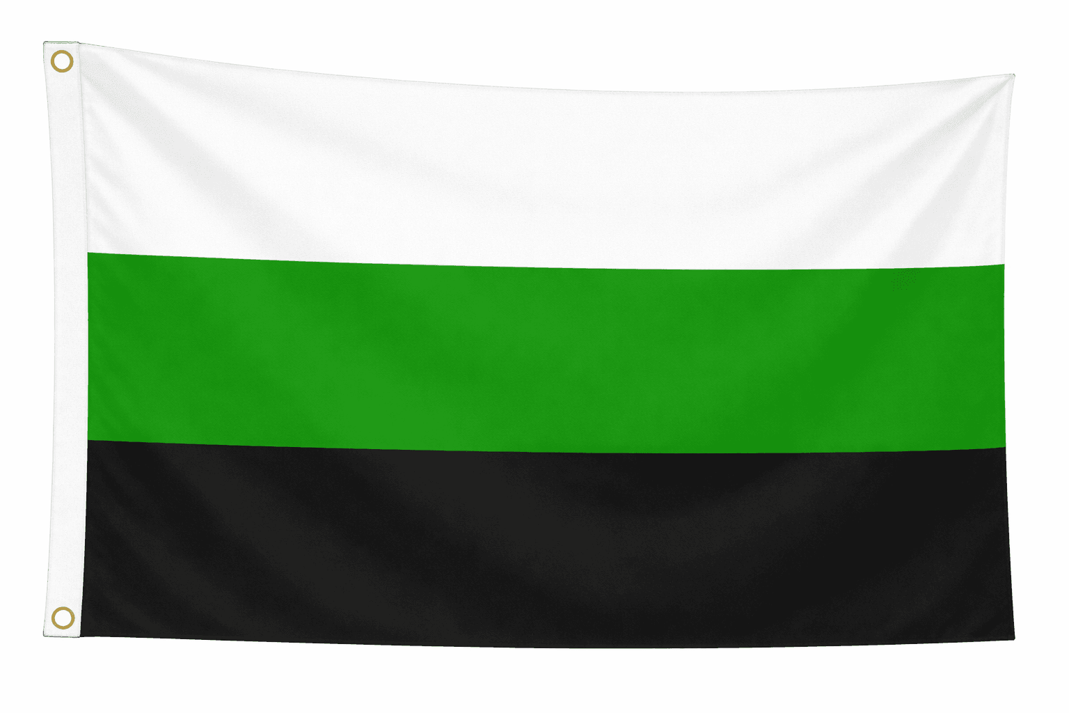 Neutrois Pride vlag met drie gelijke horizontale banen in wit, groen en zwart met ophangringen links