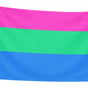 Polysexual vlag met drie horizontale banen in roze, groen en blauw