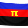Polyamory vlag met drie horizontale banen in blauw, rood en zwart en een geel π-symbool in het midden