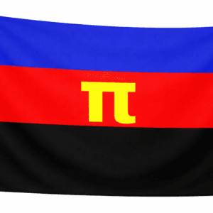 Polyamory vlag met drie horizontale banen in blauw, rood en zwart en een geel π-symbool in het midden