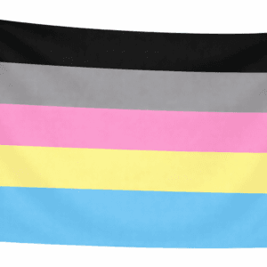 Polygender vlag met vijf horizontale banen in zwart, grijs, roze, geel en lichtblauw