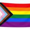 LGBT Progress Pride vlag met zes horizontale regenboogbanen en een chevron aan de linkerkant in wit, roze, lichtblauw, bruin en zwart en ophangringen links