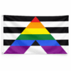 Straight Ally Pride vlag met zwarte witte strepen en regenboog A en ophangringen links