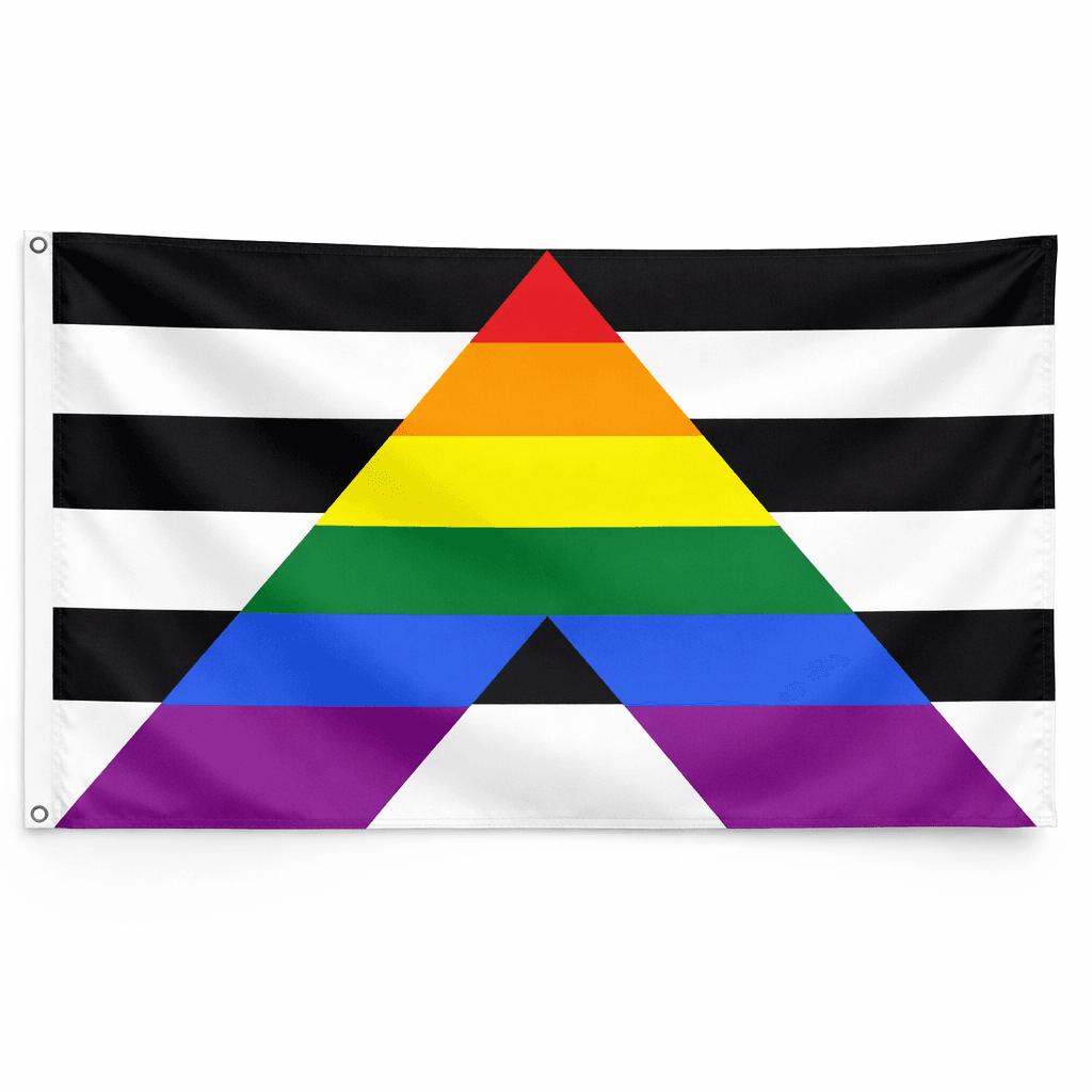 Straight Ally Pride vlag met zwarte witte strepen en regenboog A en ophangringen links