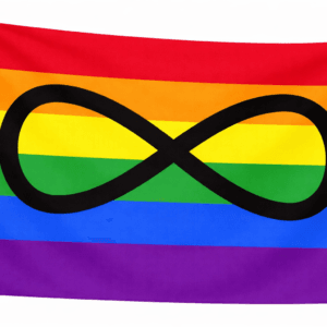 Rainbow Infinity vlag met zes horizontale banen in rood, oranje, geel, groen, blauw en paars met een zwart oneindigheidssymbool in het midden