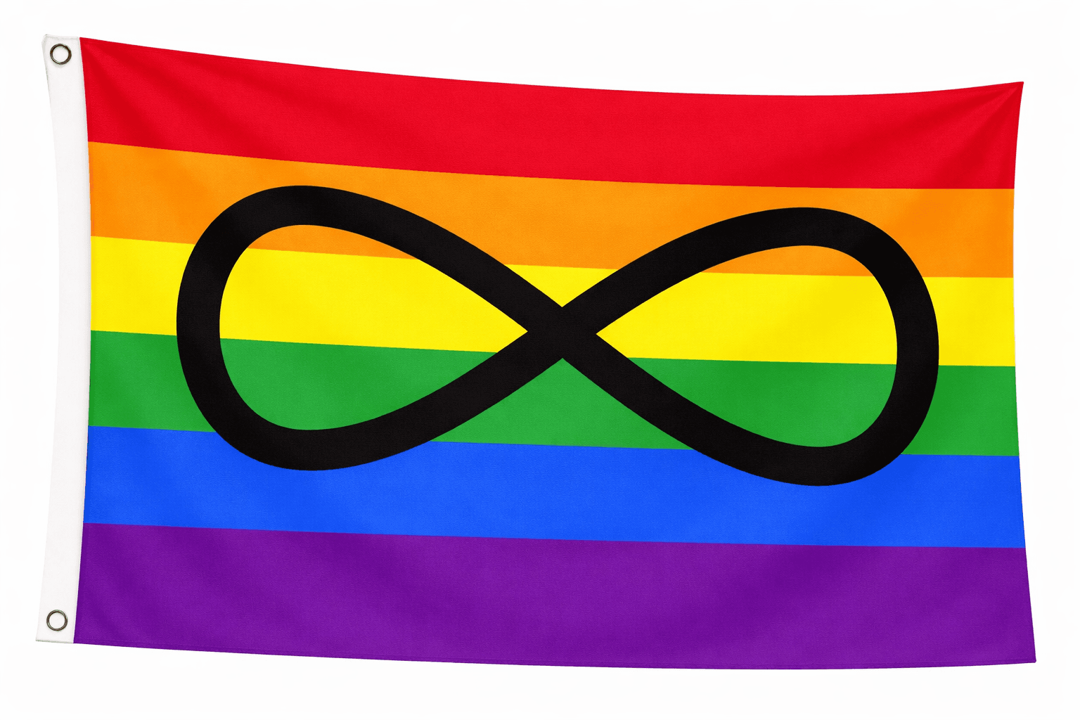 Rainbow Infinity vlag met zes horizontale banen in rood, oranje, geel, groen, blauw en paars met een zwart oneindigheidssymbool in het midden