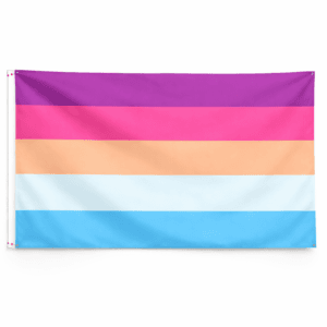Rosboy Pride vlag met paarse roze oranje en blauwe strepen en ophangringen links