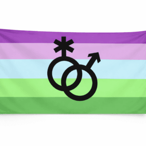 Toric Pride vlag met paarse blauwe en groene strepen en zwart symbool en ophangringen links