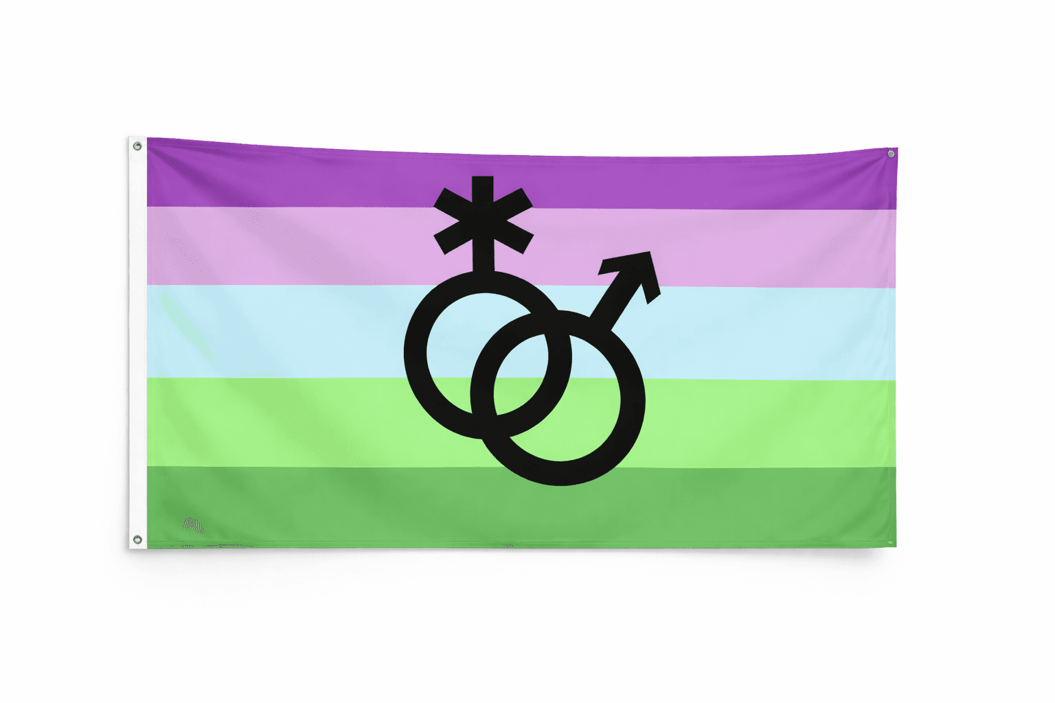 Toric Pride vlag met paarse blauwe en groene strepen en zwart symbool en ophangringen links