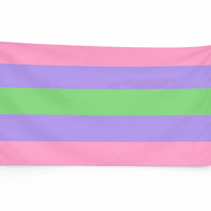 Trigender Pride vlag met roze paarse en groene strepen en ophangringen links