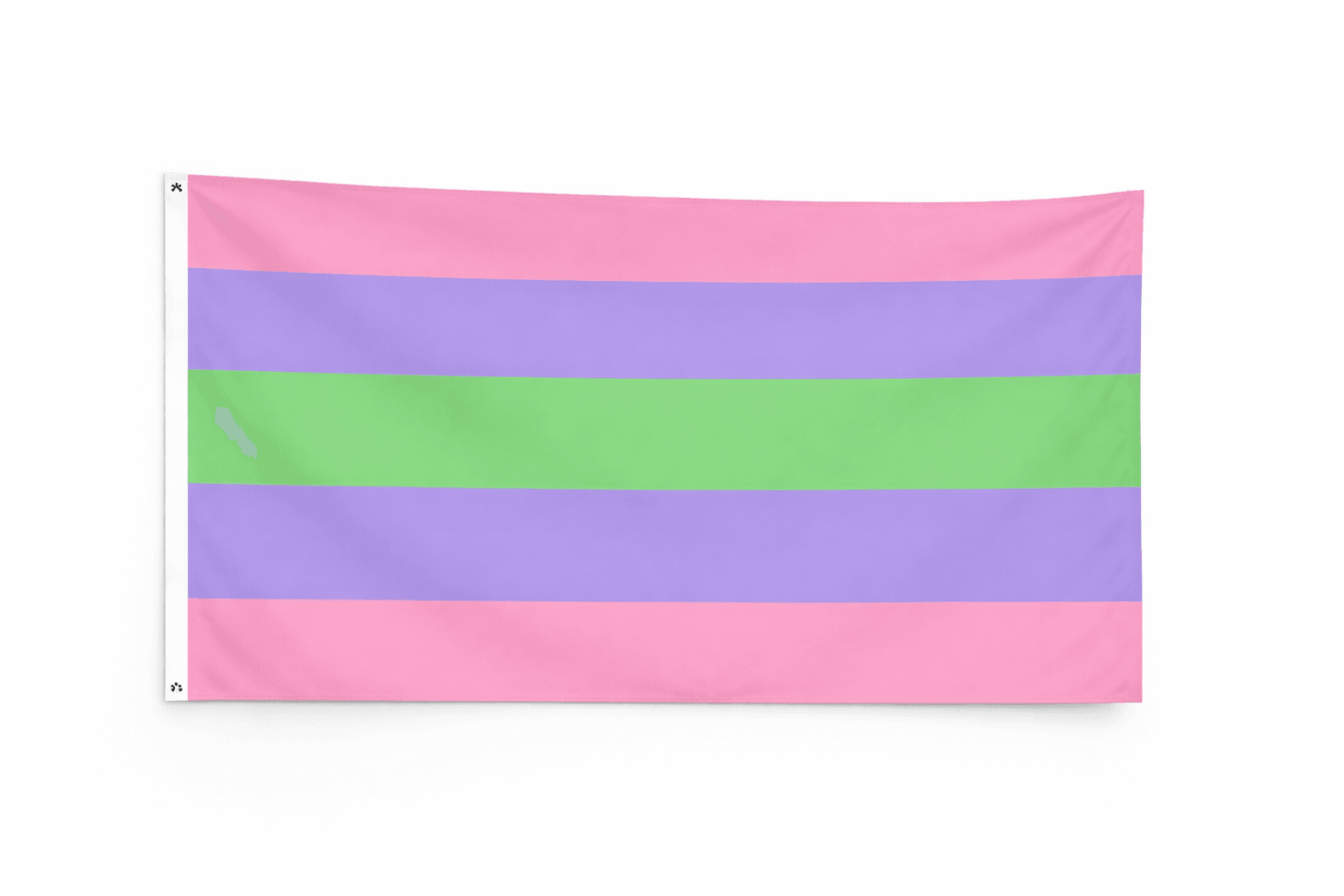 Trigender Pride vlag met roze paarse en groene strepen en ophangringen links