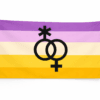 Trixic Pride vlag met paarse roze beige en gele strepen en zwart symbool en ophangringen links