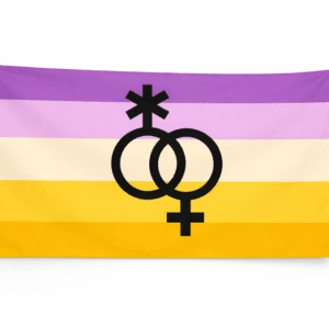 Trixic Pride vlag met paarse roze beige en gele strepen en zwart symbool en ophangringen links