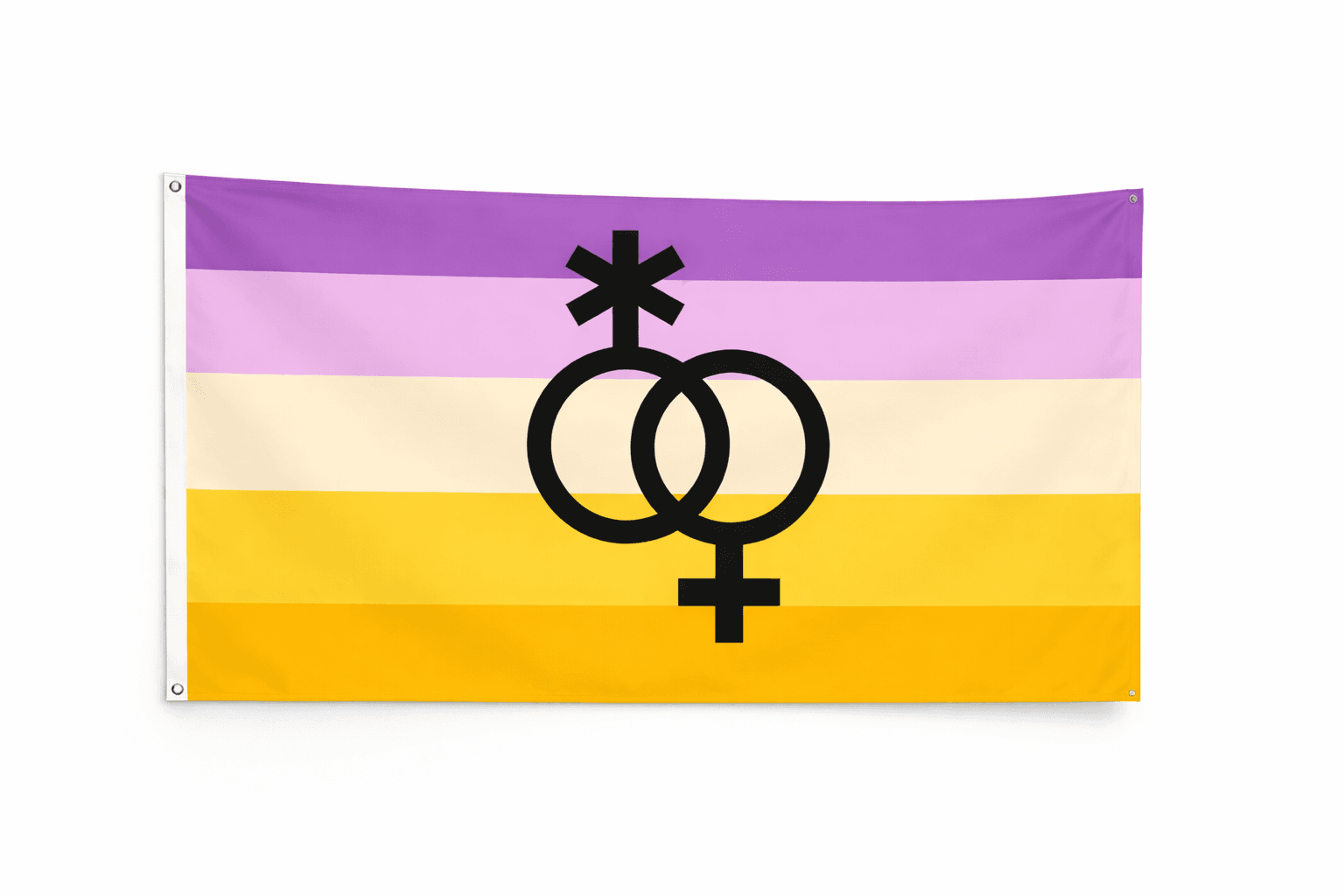 Trixic Pride vlag met paarse roze beige en gele strepen en zwart symbool en ophangringen links