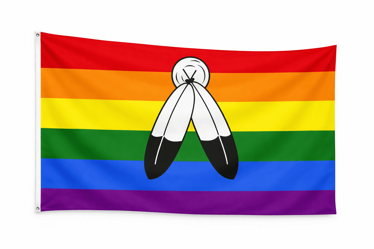 Two-Spirit Pride vlag met regenboogstrepen en traditioneel symbool in het midden en ophangringen links