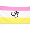 Twink Pride vlag met roze witte en gele strepen en zwart symbool en ophangringen links