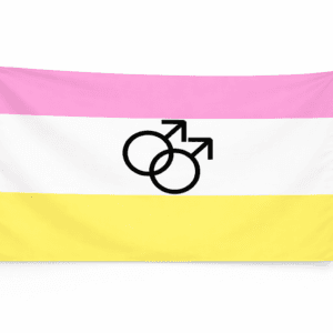 Twink Pride vlag met roze witte en gele strepen en zwart symbool en ophangringen links